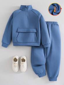 2pcs/Set Kids/Tween Boys' Blue Brushed Thick Crew Neck Sweatshirt And Pants Set, Autumn/Winter - Dusty Blue - View 2