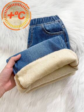 Pantalones vaqueros azules de ajuste holgado con forro térmico para niña, otoño/invierno