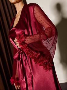 Slumberist Women's Satin Pajama Set, Side Splice Sexy Polka Dot Mesh V-Neck Nightgown, Robe Cuff Splice 3D Floral Lace - Burgundy - View 3