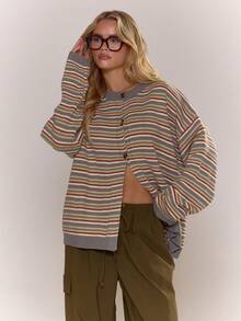 MUSERA Button Through Oversized Stripe Knit Cardigan Cute Cool Girl Cosy Winter Everyday Clean Girl Casual  Cottage Core Old Money Butterscotch Evening Party Elegant  Spring Sweater Vacation - Dark Grey - View 5