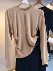 Franclia Damen Einfarbiges Rundhals Langarm Geripptes Shirt mit Strass Verzierung - Khaki - Übersicht 1