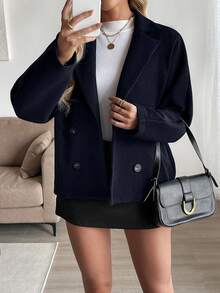 SHEIN PETITE 女士优雅露肩宽松高领双排扣羊毛夹克，秋冬常规外套 - 藏蓝色 - 查看 6