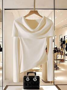 Franclia Women's Unique French Style Drape Collar Layering T-Shirt, Spring/Autumn - White - View 1