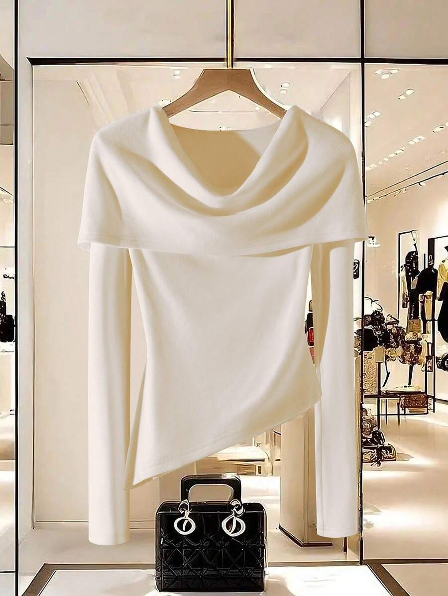 Franclia Women's Unique French Style Drape Collar Layering T-Shirt, Spring/Autumn - White - View 1