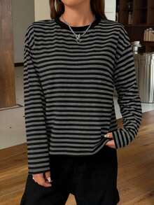 SHEIN EZwear Women's Striped Long Sleeve Crew Neck Basic T-Shirt - Grey - View 4