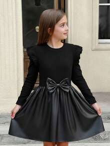 SHEIN 少女黑色针织拼接PU腰部修身长袖休闲日常时尚百搭连衣裙 - 黑色 - 查看 7