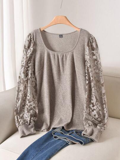 CosyJoli Plus Size Casual Square Neck Fitted Lace Sleeve Patchwork Women Top Lace Long Sleeve Full Sleeve Tops Gray Blouse Women Lace Jersey Puff Sleeve Tops