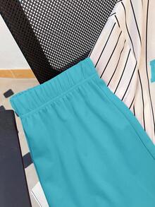 SHEIN 青少年男孩字母印花条纹圆领短袖T恤和字母图案短裤休闲套装 - 藍色 - 查看 8