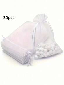 10/20/30/50个装纯色欧根纱抽绳糖果礼品袋、化妆品包装袋、珠宝收纳袋，防晒旅行保暖 - 白色 - 查看 13