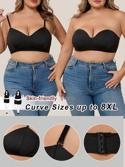 SHEIN CURVE+ Plus Size Women's Detachable Solid Color Black Shoulder Strap Tank Top