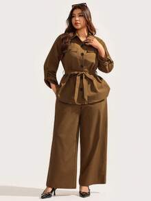 Elaquor Conjunto de 2 piezas de camisa y pantalones de talla grande de unicolor, con botones delanteros, de estilo casual y versátil - Marrón - Ver 6
