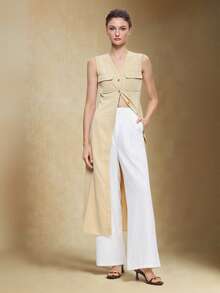 BizChic 2026 Spring/Summer New Khaki Front Button Sleeveless Dress, Vintage Inspired Modern Elegant Office Wear - Khaki - View 6