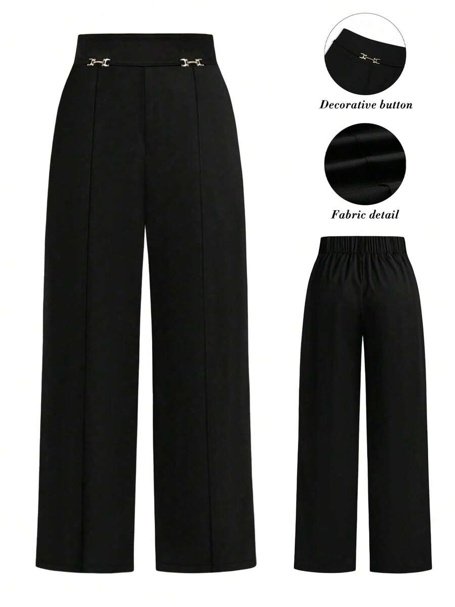 SHEIN Tall CURVE Pantalones rectos sueltos de talla grande para mujer con decoración de cadena y costura frontal, para uso casual u oficina - Negro - Ver 1