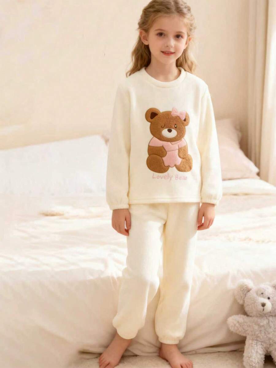 Girls Soft Teddy Bear Embroidery Cozy Pajama Set - Apricot - View 1