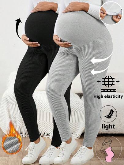 Plussiva 加大码孕妇冬季打底裤，可调节腰围，罗纹保暖内衬，黑色+灰色两件套，舒适保暖。