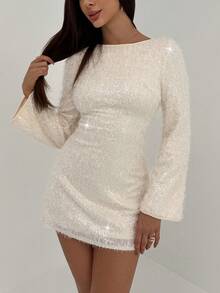 Aloruh Váy ngắn hở lưng đính sequin lấp lánh, màu mơ, lãng mạn cho các buổi hẹn hò, tiệc tùng, khiêu vũ - Màu be - Xem 4