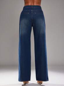 NYA SZN 牛仔高腰宽松超大码日常休闲商务休闲街头潮流 Y2K 复古秋冬女装 - 深色水洗藍 - 查看 7