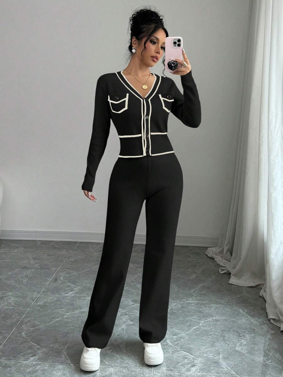 Elenzga 女士撞色V领单排扣针织开衫和针织裤休闲两件套 - 黑色 - 查看 1
