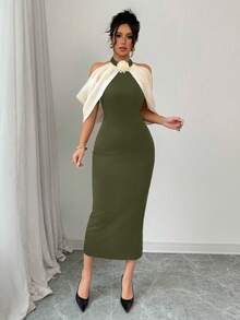 Selianne Color Block 3D Floral Decor Off Shoulder Casual Dress Maxi Women Outfit - Army Green - View 4