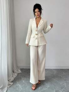 Selianne Women's Apricot Sexy & Elegant Commuter Shirt Collar Metal Button Decor Fake Pocket Design Long Sleeve Slim Fit Waist Suit Jacket + Women's Apricot Sexy & Elegant Commuter Double Pocket Design Slim Fit Straight Leg Pants, Spring/Autumn