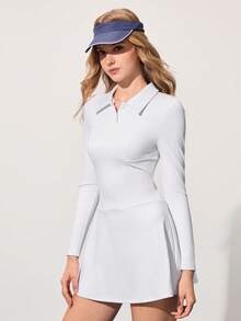CourtClass Women's Casual Polo Collar Half-Zip Front Active Sports Dress Golf Tennis Dress Tennis Dress Long Sleeve - White - View 4