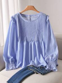 CosyJoli Plus-Size Women's Casual Tops, Striped Shirts, Spring/Summer Long-Sleeved Tops, Blue Casual Women's Clothing, Cute Summer Tops For Outdoor Wear. - Blue - View 1