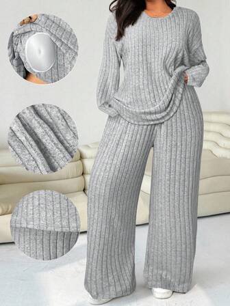 Solflare Plus Size Spring/Autumn Casual Everyday Commute Simple Versatile Light Gray Ribbed Knit Dropped Shoulder Loose Padded T-Shirt And Wide Leg Pants 2-Piece Set/Fall /Autumn/Winter,Christmas,New Year,Thanksgiving,Party,Wedding,Beach,Graduati,Chic,Elegant,Casual,Going Out,Date,Appointment,Commute