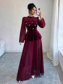 Modelyn 法式设计拼接珍珠装饰泡泡长袖优雅连衣裙 - 酒紅色 - 查看 5