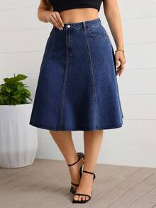 EMERY ROSE Plus Size Casual Denim A-Line Skirt Summer - Dark Wash - View 3