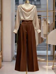 Franclia 法式复古H型翻领长袖杏色优雅通勤衬衫搭配棕色阔腿裤，女士优雅秋冬两件套 - 彩色 - 查看 1