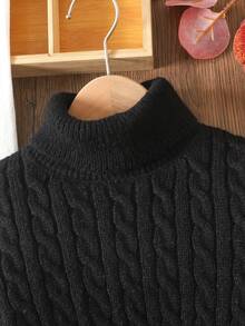 SHEIN Tween Girl Casual Solid Color Knitted Stand Collar Long Sleeve Sweater Dress - Black - View 5