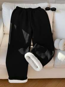 SHEIN EZwear 女士小马印花保暖内衬前系腰宽松运动裤，休闲日常穿着，适合返校季 - 黑色 - 查看 2