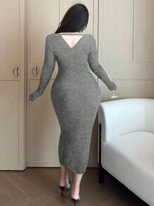 Flirla Plus Size Women's Solid Color Overlap V-Neck Long Sleeve Fitted Elegant Knit Dress - Grey - View 2