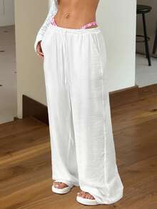 SHEIN EZwear 女款白色编织阔腿裤，简约时尚，适合夏季 - 白色 - 查看 3