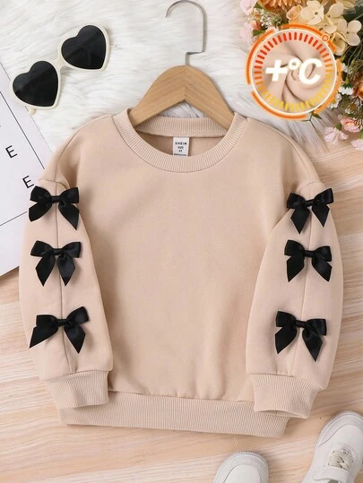 Young Girl Bow Decor Crew Neck Sweatshirt, Suitable For Everyday Wear,In Fall/Winter