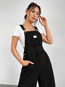 SHEIN ICON Women's Letter Embroidered Pocket Wide Leg Casual Denim Jumpsuit - Black - View 6