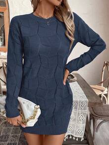 EMERY ROSE Women's Loose Casual Round Neck Drop Shoulder Long Sleeve Knitted Sweater Dress, Autumn/Winter - Royal Blue - View 6