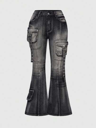 Grunge Punk Jeans a vita super bassa con effetto vissuto, stile punk con borchie, taglie comode per donna
