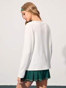SHEIN Sports Women's Autumn/Winter Thermal Lined Contrast Color Ruffle V-Neck Loose Long Sleeve Casual Sports Tennis Shirt,Running White Tops For Daily Wear - White - View 2