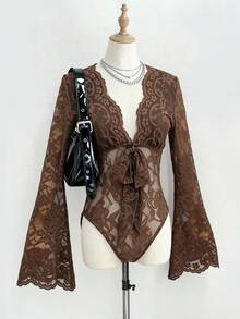 GlowEve Solid Color Deep V-Neck Lace Patchwork Sheer Sexy Long Sleeve Bodysuit - Brown - View 1