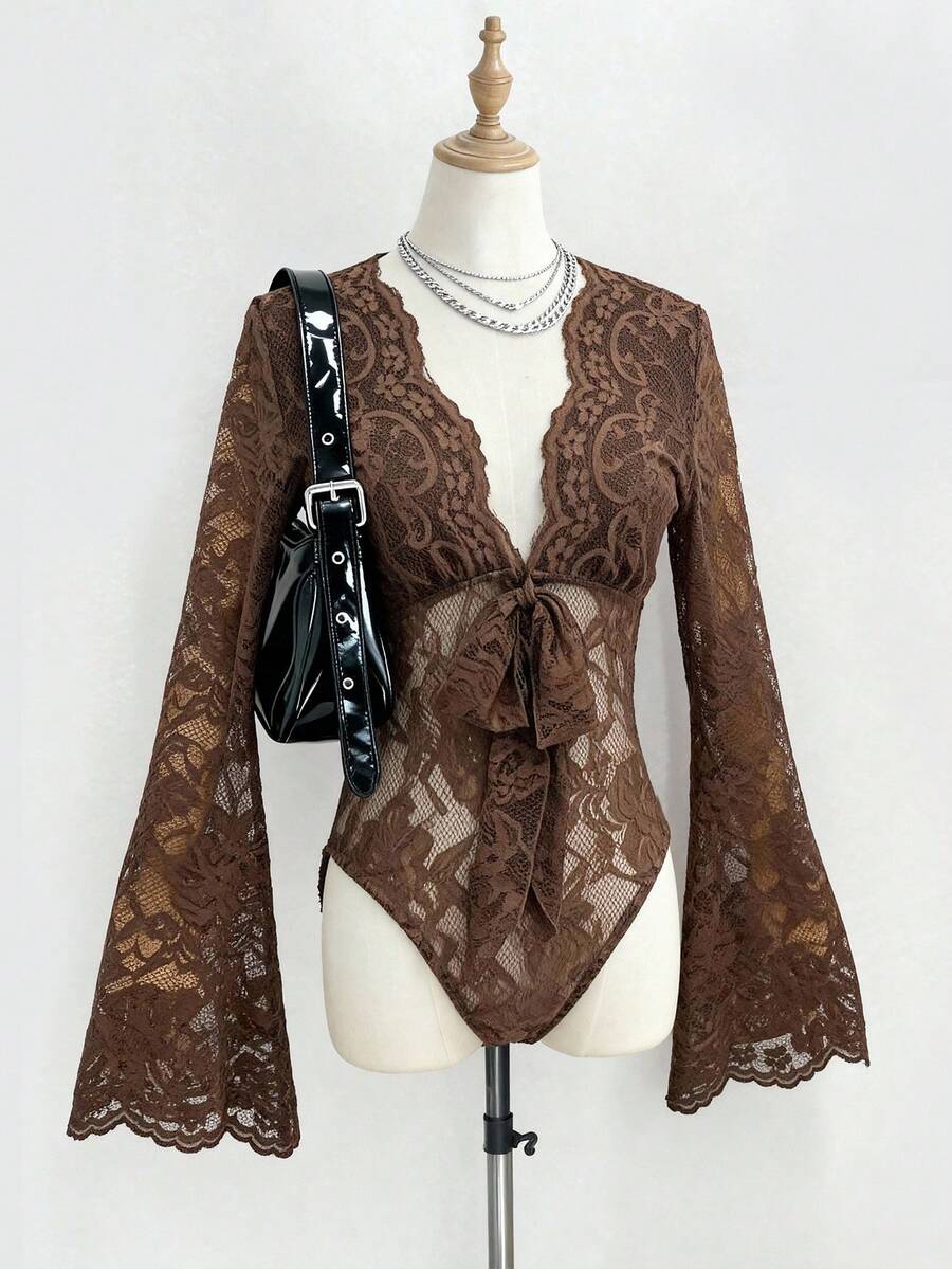 GlowEve Solid Color Deep V-Neck Lace Patchwork Sheer Sexy Long Sleeve Bodysuit - Brown - View 1
