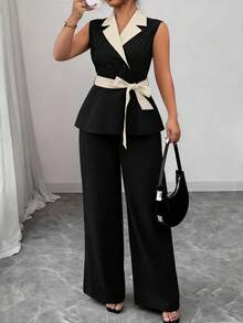 Elenzga Plus Size Woven Fabric Elegant Commuter Elegant Versatile Linen Feeling Sleeveless Lapel Tie-Up Contrast Color Cinched Waist Double-Breasted Women Thin Blazer Jacket (Kooky Elegance Collection - Woe Is Me Vibes - Wednesday Aesthetic) - Black - View 3