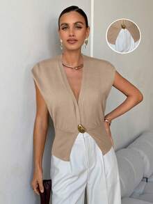 Lavishia Áo vest dệt kim cạp rộng có nút kim loại, trang phục công sở thời trang đi làm cho nữ - Màu be - Xem 6