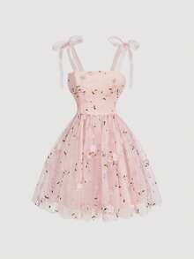 SHEIN MOD Đầm mini hai dây thêu hoa xuyên thấu dành cho nữ, kiểu Kawaii, phong cách Fairycore, trang phục đi chơi, cổ điển, retro, Valentine, đầm hoa cho nữ, đầm ngắn dự tiệc, trang phục đồng quê cho nữ, phong cách Fairycore. - Hồng - Xem 2