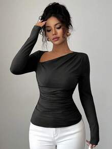 Elenzga 女士时尚褶皱不对称领短袖T恤，通勤风格，适合秋冬季日常穿着，可单穿或作为内搭。 - 黑色 - 查看 6