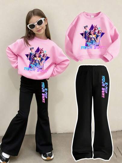 2pcs Young Girls Casual K-Pop Cartoon Character Print Long Sleeve Crew Neck Sweatshirt And Knit Skinny Flare Pants Set, Comfortable Daily & Holiday Wear For Young GirlSuitable For Autumn/Winter