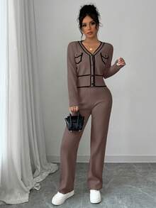Elenzga 2pcs Elegant Sweater Set: Contrast Trim V-Neck Button Front Long Sleeve Top And Solid Color Pants - Mocha Brown - View 4