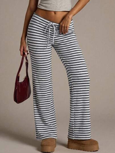 Aloruh Women's New Low Waist Brown Striped Pants, Autumn/Winter