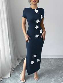 Elenzga Váy ngắn tay thanh lịch gợi cảm dành cho nữ, thường ngày mùa xuân/hè, vải dệt kim co giãn màu đen, dáng ôm, họa tiết hoa 3D màu trắng - Nhiều màu - Xem 6