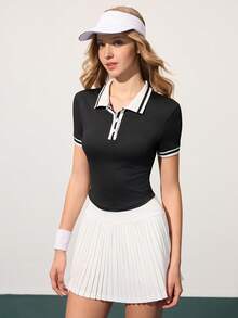 CourtClass Women's Sporty Tennis Polo Shirt, Contrast Striped Flat Collar With Button, Short Sleeve With Striped Cuffs, Fitted Black Curved Hem, Suitable For Casual, Running, Yoga, Gym, Tennis, Golf And More, Spring/Summer/Autumn